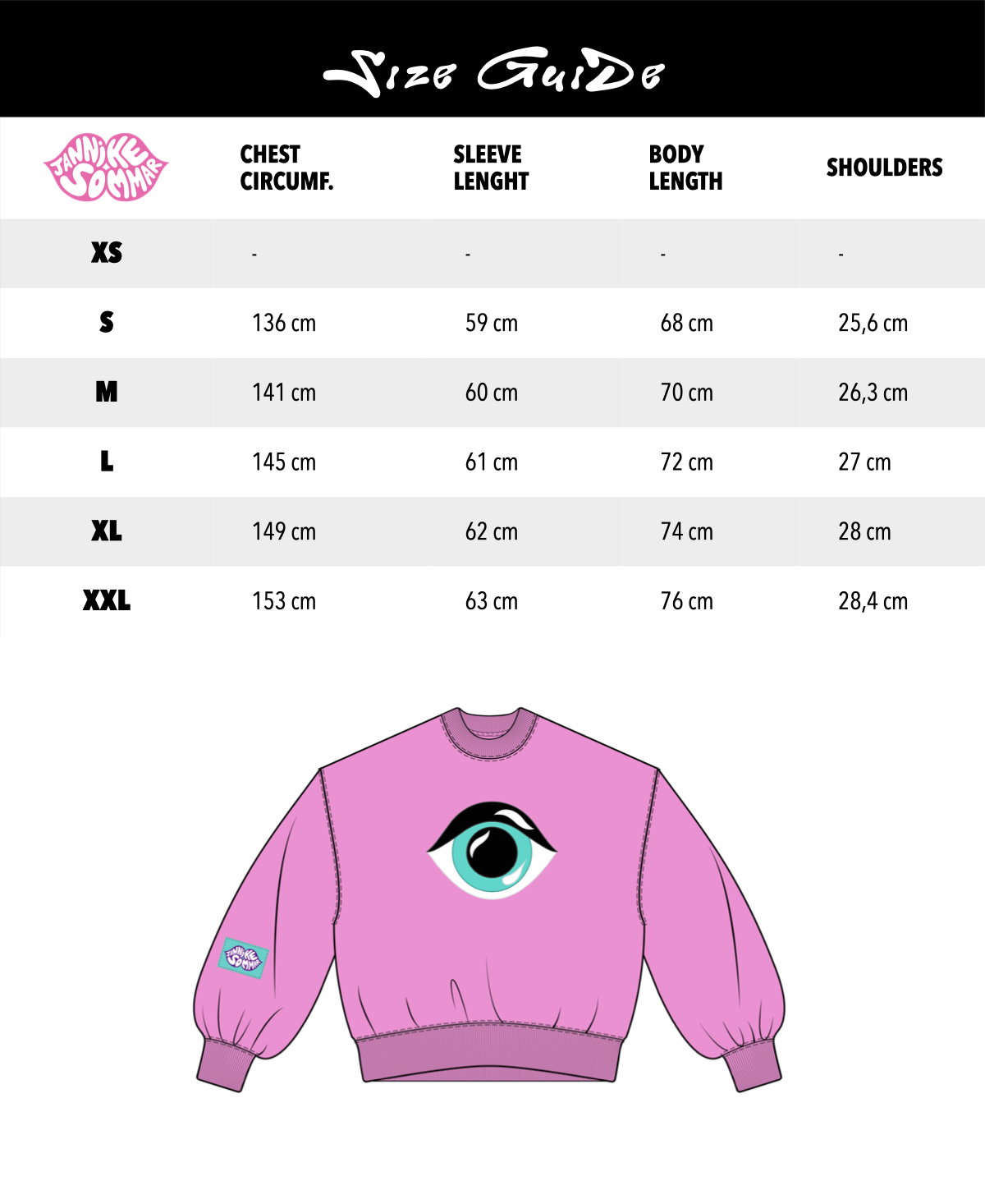 Unisex-Pink-Sweatshirt-Embroidered-Eye-Graphic-Size Chart