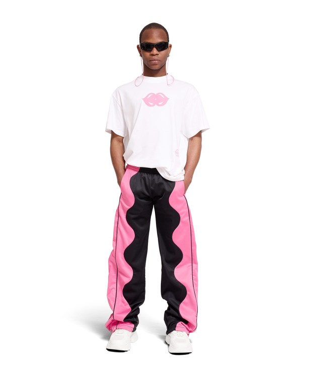 White T-Shirt with Pink Queer Kiss & Logo (front with pants)