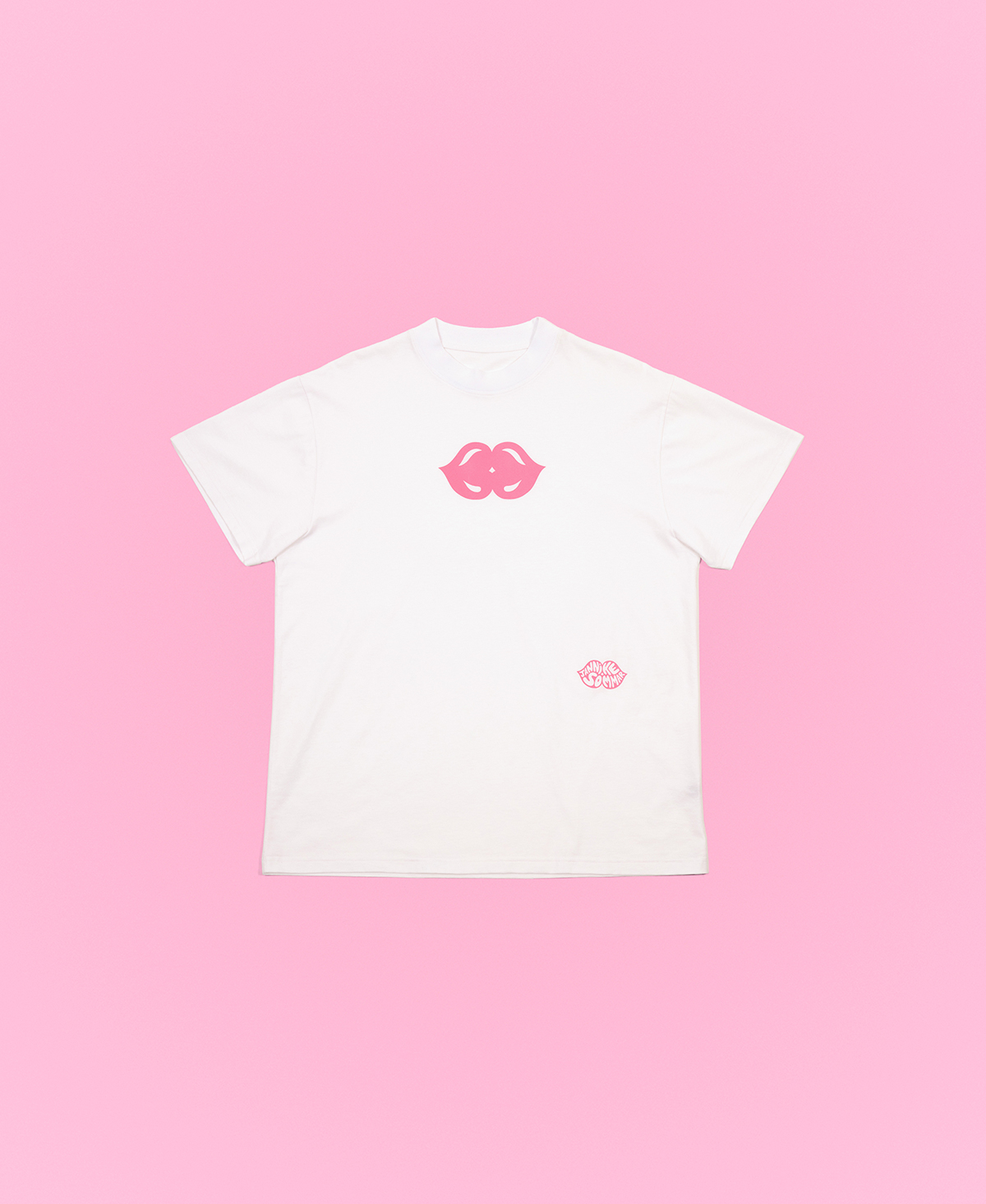 White T-Shirt with Pink Queer Kiss & Logo (product view)