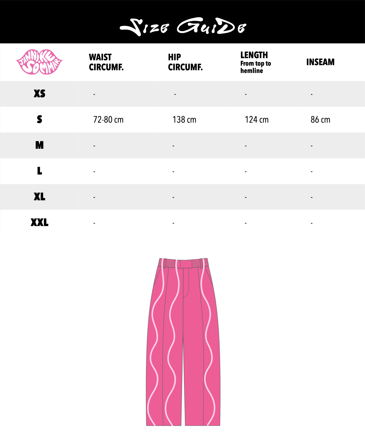 Size Chart - Pink Pants With Pop Lines
